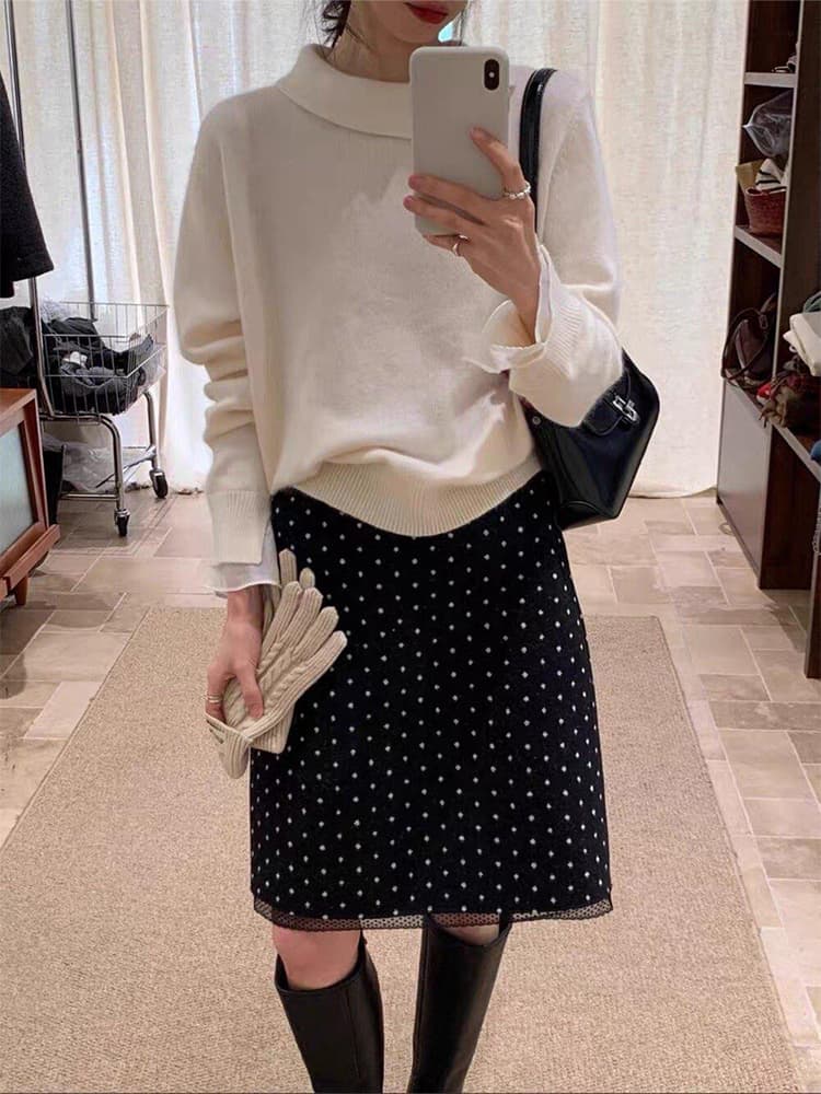 가을 겨울 레이스 측면 패치워크 도트 무늬 모직 반신 스커트 여성 배 모양 표지 넓적 다리 슬림해 보이는 중간 스커트 빅 사이즈 두꺼운 A라인 스커트 이미지 4