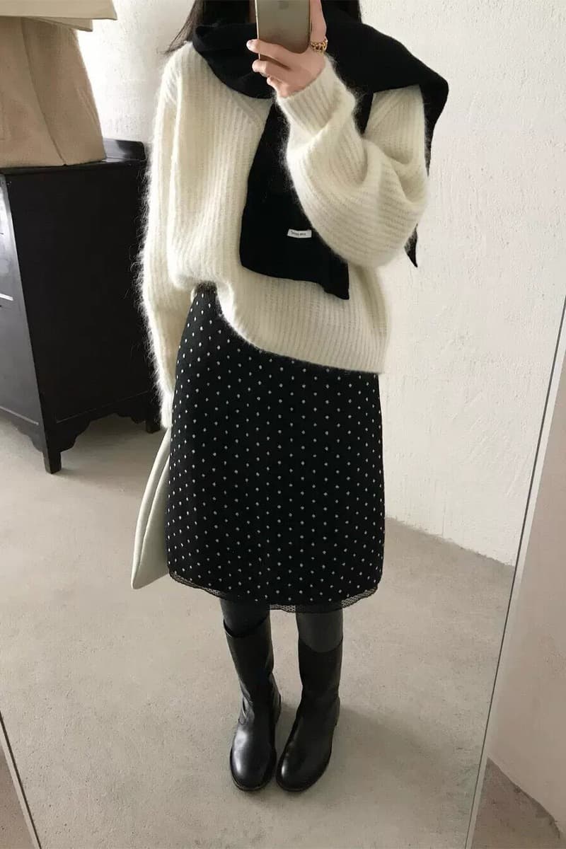 가을 겨울 레이스 측면 패치워크 도트 무늬 모직 반신 스커트 여성 배 모양 표지 넓적 다리 슬림해 보이는 중간 스커트 빅 사이즈 두꺼운 A라인 스커트 이미지 7