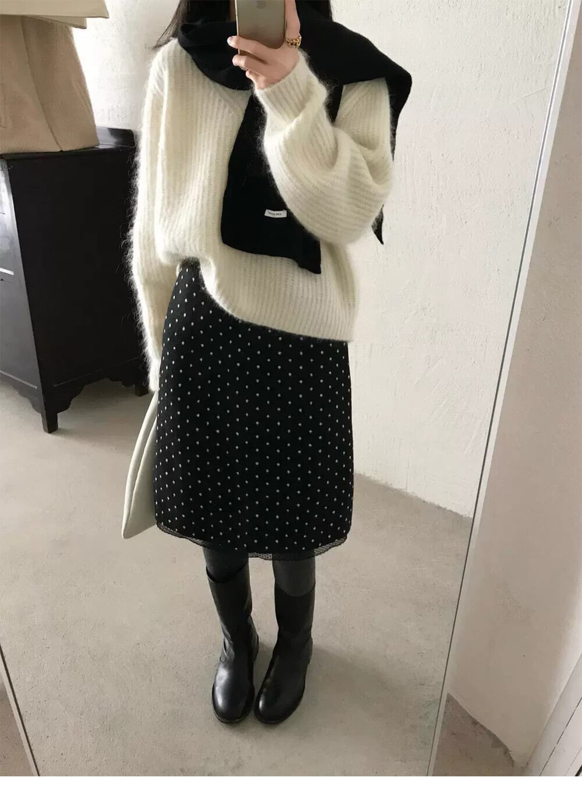 가을 겨울 레이스 측면 패치워크 도트 무늬 모직 반신 스커트 여성 배 모양 표지 넓적 다리 슬림해 보이는 중간 스커트 빅 사이즈 두꺼운 A라인 스커트 상세 이미지 8