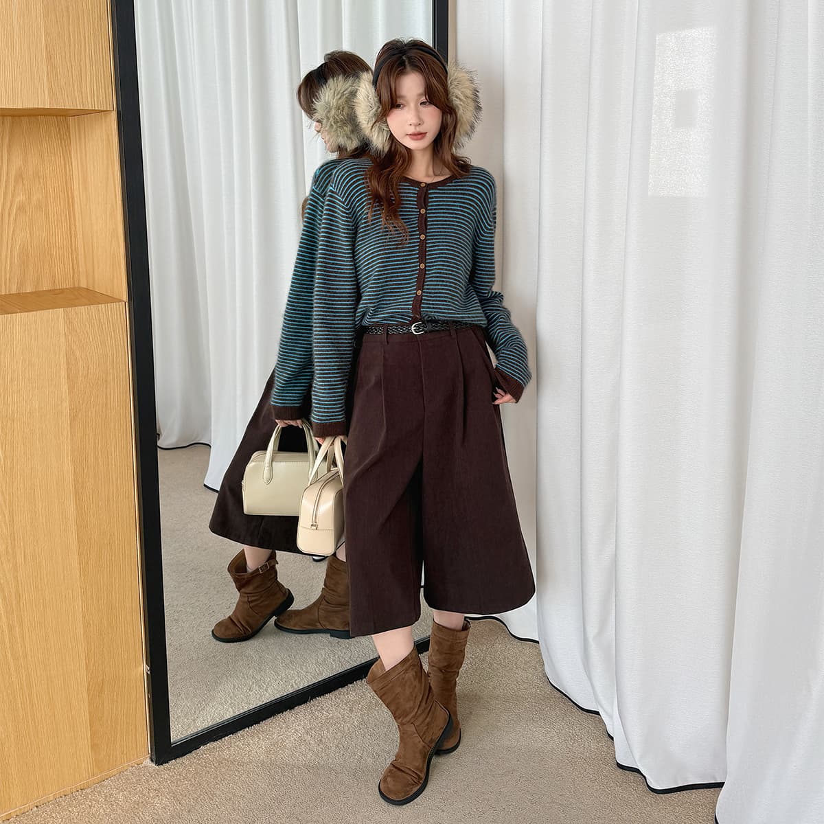 실사 가을 겨울 새로운 레트로 코듀로이 프로 피부 7부 바지 아이들 새로운 꼬집기 Pleat 루즈핏 넓은 다리 캐주얼 바지 이미지 5