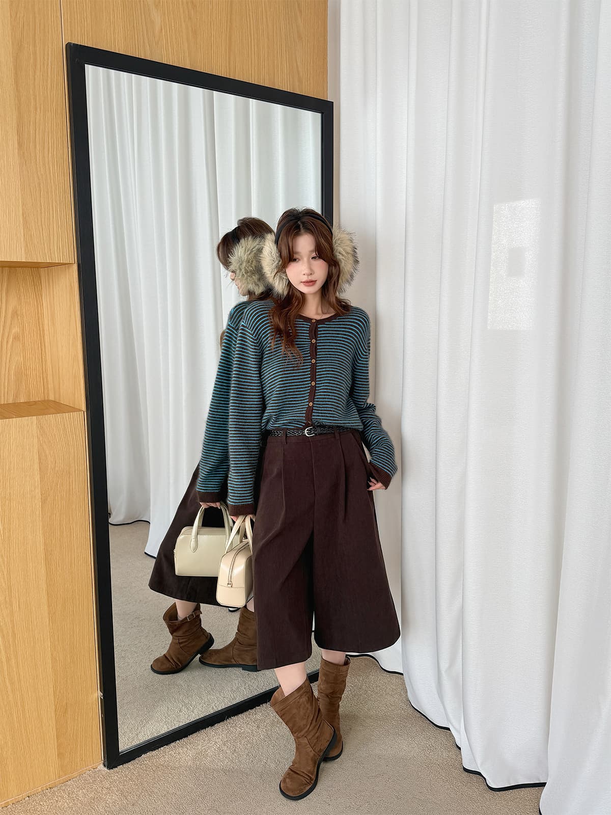 실사 가을 겨울 새로운 레트로 코듀로이 프로 피부 7부 바지 아이들 새로운 꼬집기 Pleat 루즈핏 넓은 다리 캐주얼 바지 상세 이미지 23