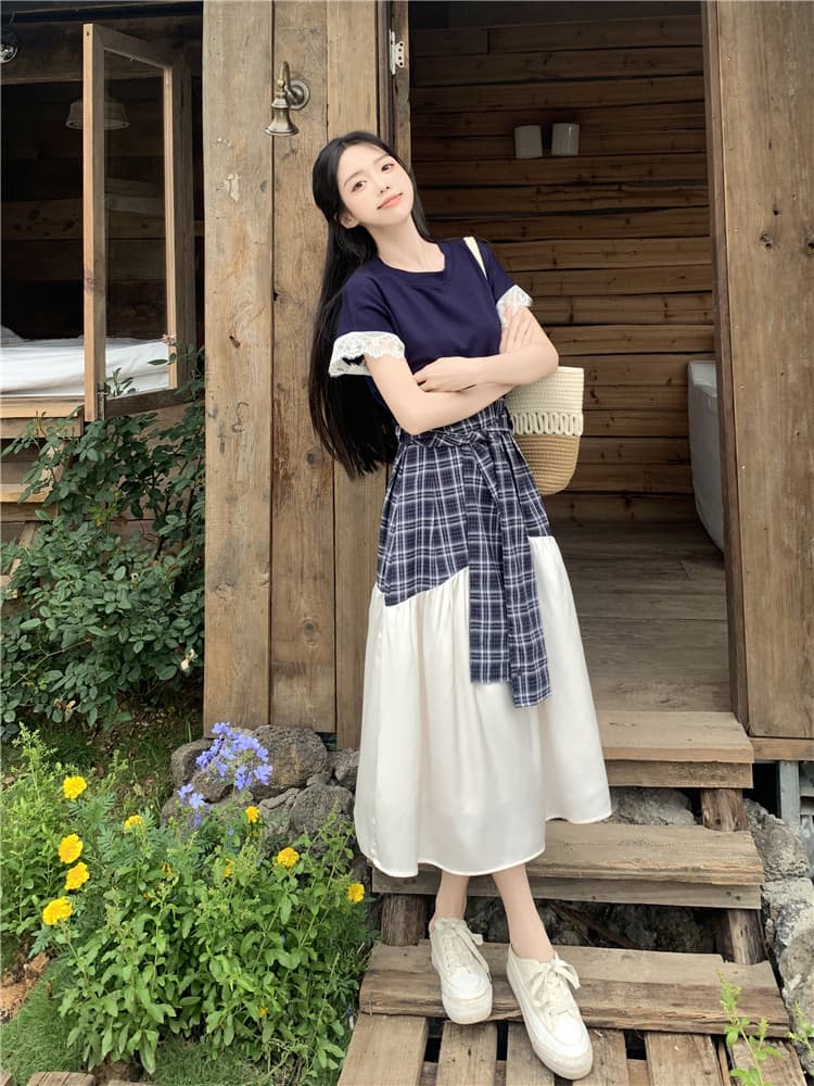 2026 여름 새로운 빅 사이즈 체크무늬 패치워크 드레스 레이스업 허리 수축 슬림해 보이는 중간 길이 티셔츠 점프 슈트 치마 상세 이미지 3