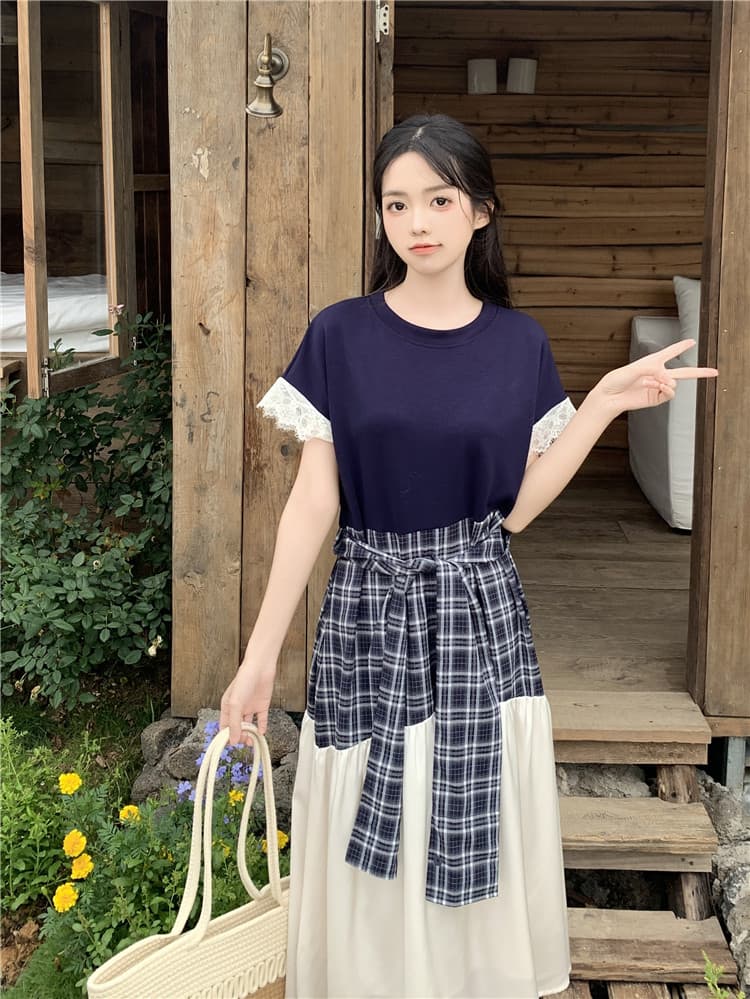 2026 여름 새로운 빅 사이즈 체크무늬 패치워크 드레스 레이스업 허리 수축 슬림해 보이는 중간 길이 티셔츠 점프 슈트 치마 상세 이미지 5