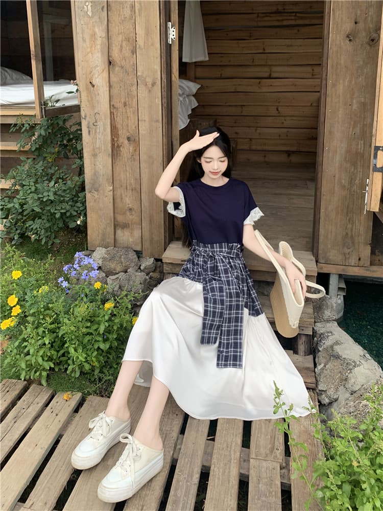 2026 여름 새로운 빅 사이즈 체크무늬 패치워크 드레스 레이스업 허리 수축 슬림해 보이는 중간 길이 티셔츠 점프 슈트 치마 상세 이미지 7