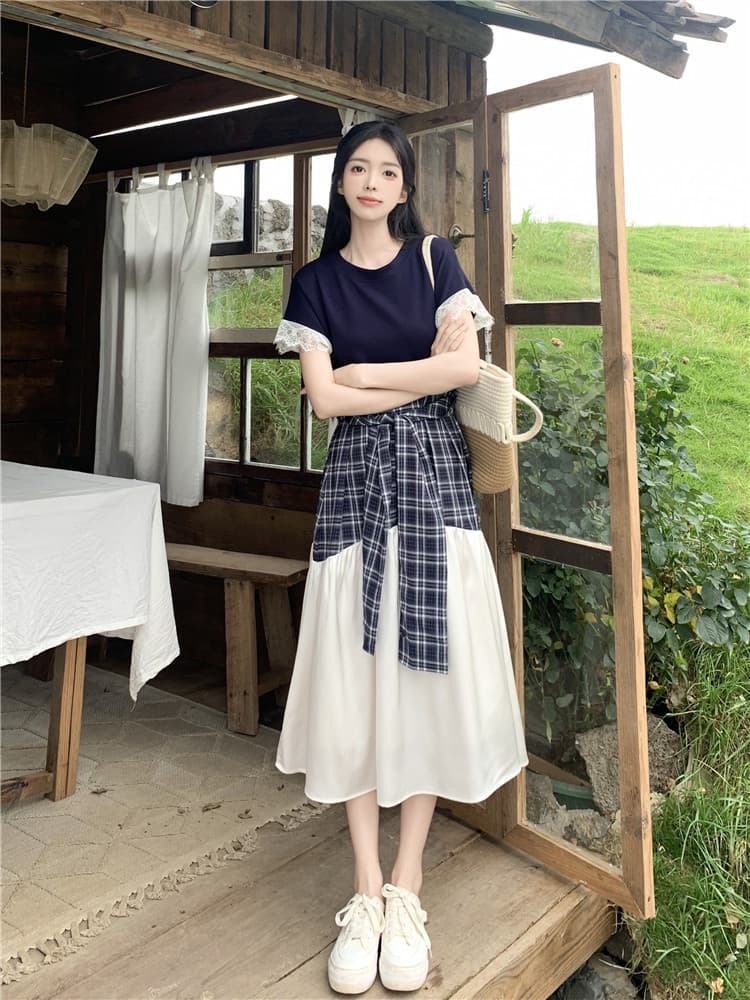 2026 여름 새로운 빅 사이즈 체크무늬 패치워크 드레스 레이스업 허리 수축 슬림해 보이는 중간 길이 티셔츠 점프 슈트 치마 상세 이미지 10
