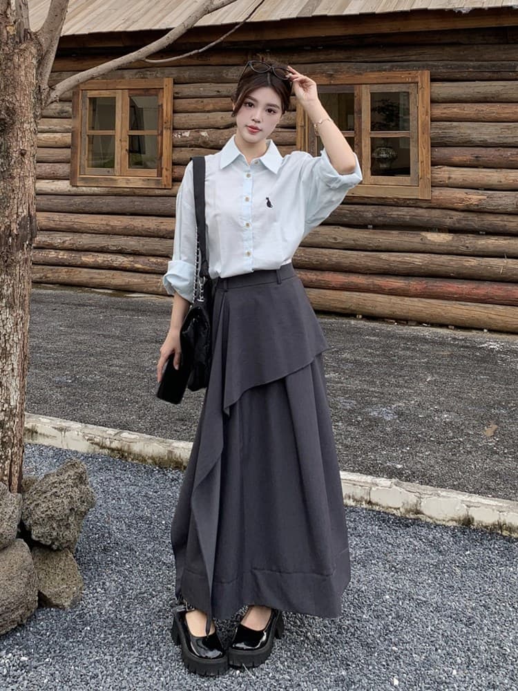 2026 봄 새로운 학원 스타일 페이크 레이어드 패치워크 배색 긴팔 여성 드레스 슬림해 보이는 허리 수축 치마 아이들 이미지 4