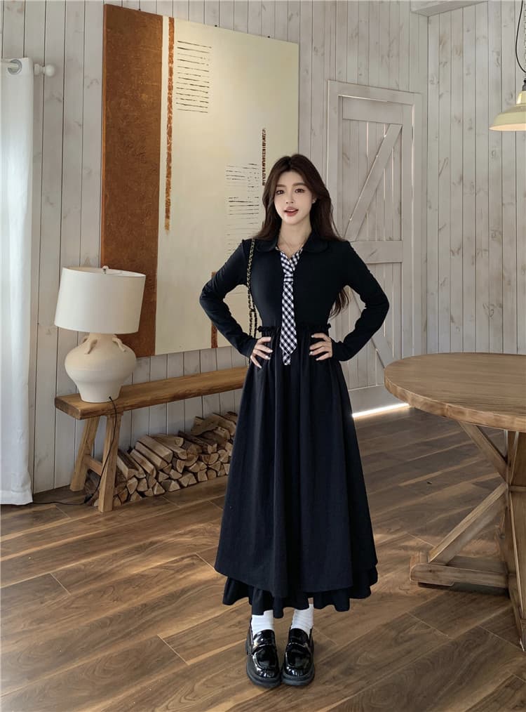 2026 봄 새로운 프랑스식 학원 스타일 체크무늬 V넥 고급 센스 그는 벤 바람 롱 코트 드레스 아이들 상세 이미지 10