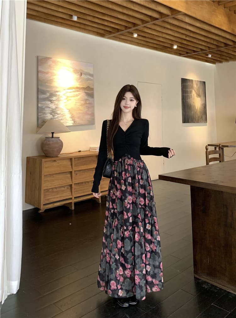 2026 봄 새로운 고급 센스 페이크 레이어드 프랑스식 검정색 꽃무늬 긴팔 드레스 품격 슬림해 보이는 길다 치마 상세 이미지 8