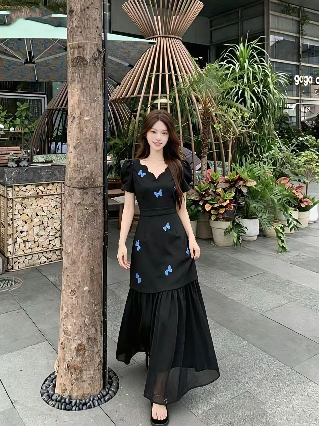 2026 여름 새로운 지방 mm 프랑스식 그는 벤 바람 검정색 V넥 나비 프린트 패치워크 드레스 롱 스커트 아이들 상세 이미지 5