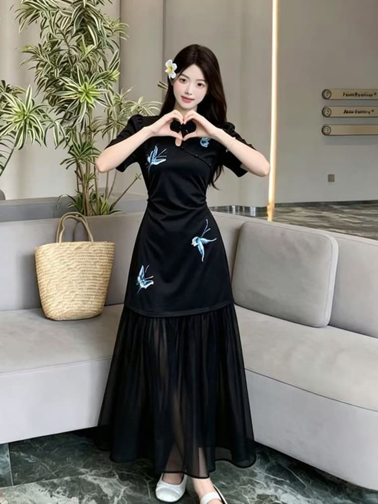 새로운 중식 품격 나비 드레스 여성 의류 2026 여름 새로운 지방 mm 국풍 고급 센스 슬림해 보이는 길다 치마 이미지 4