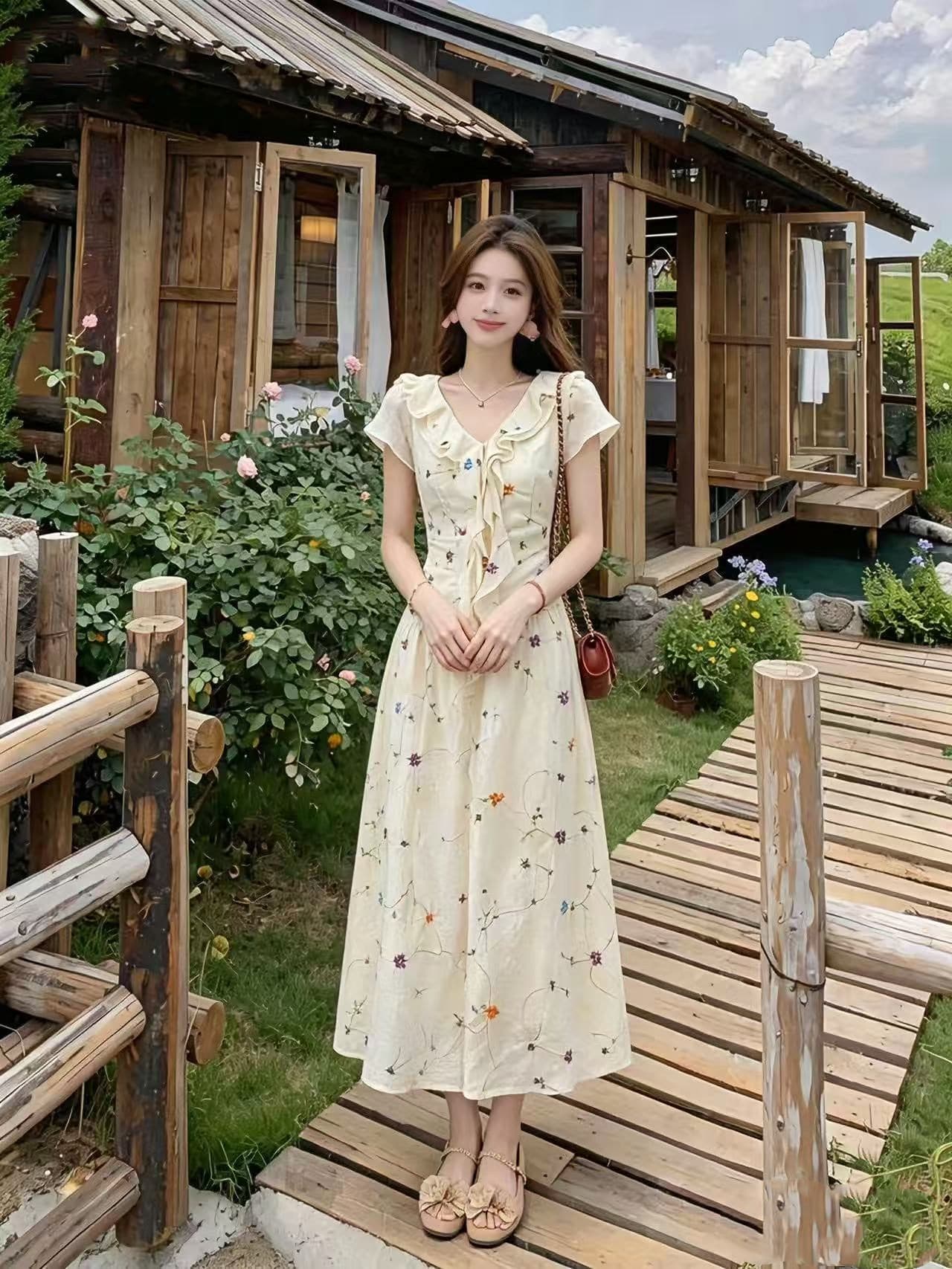 2026 새로운 빅 사이즈 살구 색상 꽃무늬 드레스 여름 프릴 펌프 Pleat 레이스업 허리 수축 슬림해 보이는 휴가 치마 상세 이미지 4