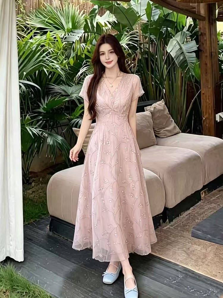 프랑스식 부드러운 바람 무거운 작업 핑크색 V넥 여성 드레스 2026 여름 새로운 지방 mm 달콤함 품격 길다 치마 이미지 4