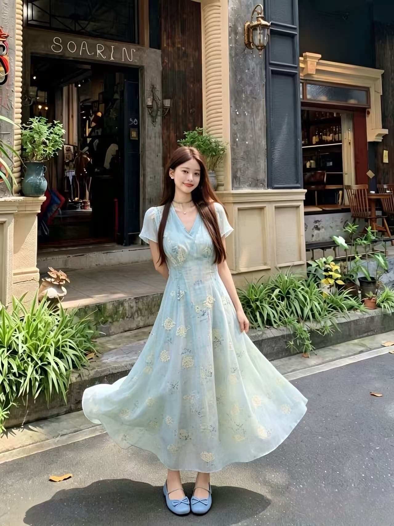 2026 여름 새로운 지방 mm 자수 프랑스식 프릴 V넥 레이스업 슬림해 보이는 반팔 꽃무늬 여성 드레스 상세 이미지 8