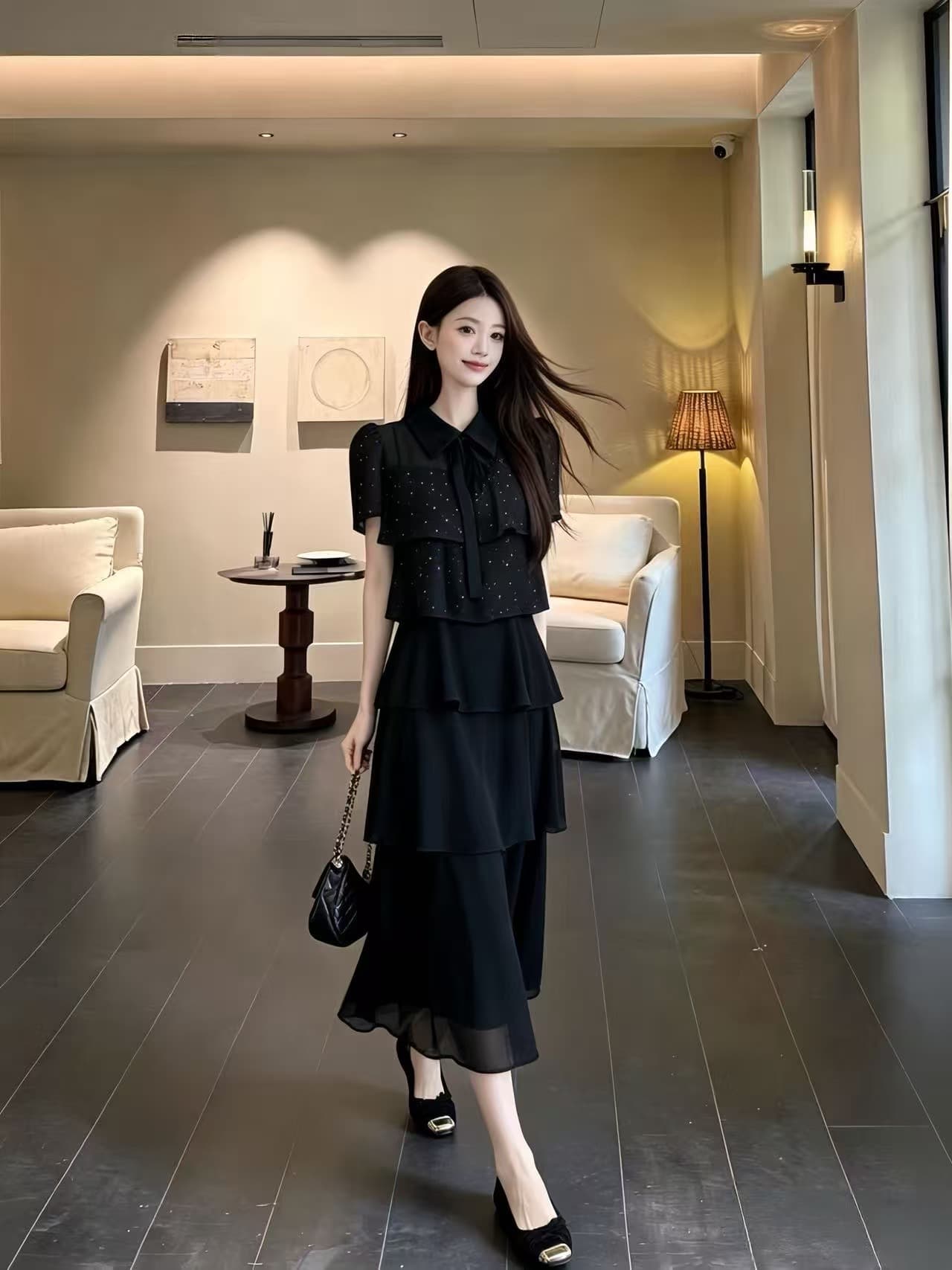 2026 여름 새로운 지방 mm 검정색 품격 케이크 디자인 센스 몸매 가꾸기 패션 슬림해 보이는 한 마디 드레스 롱 스커트 상세 이미지 10