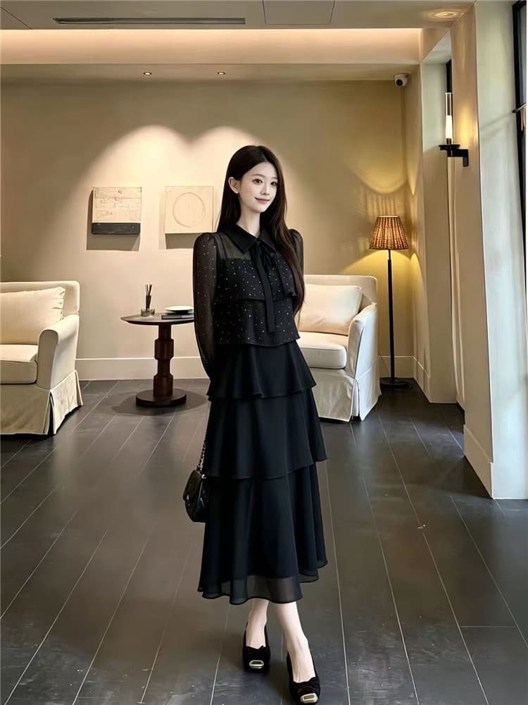 2026 가을 새로운 지방 mm 검정색 품격 케이크 디자인 센스 몸매 가꾸기 슬림해 보이는 한 마디 긴팔 드레스 롱 스커트 상세 이미지 10