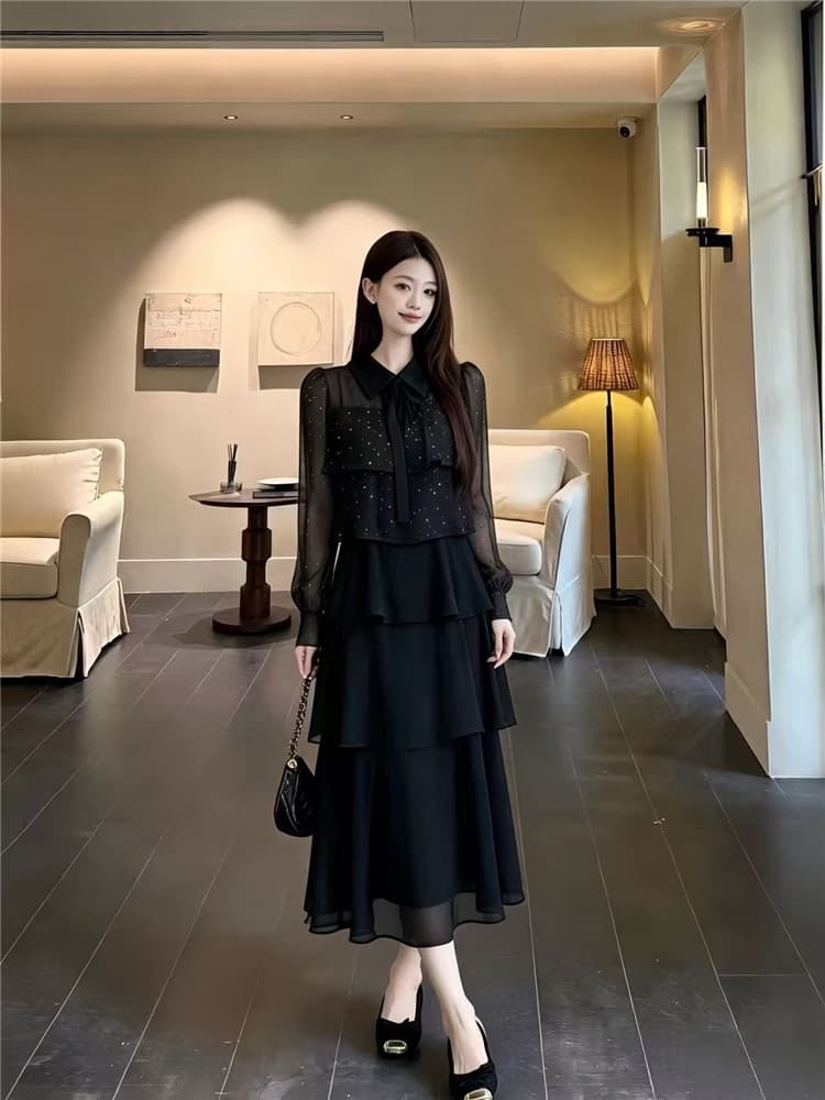 2026 가을 새로운 지방 mm 검정색 품격 케이크 디자인 센스 몸매 가꾸기 슬림해 보이는 한 마디 긴팔 드레스 롱 스커트 상세 이미지 13