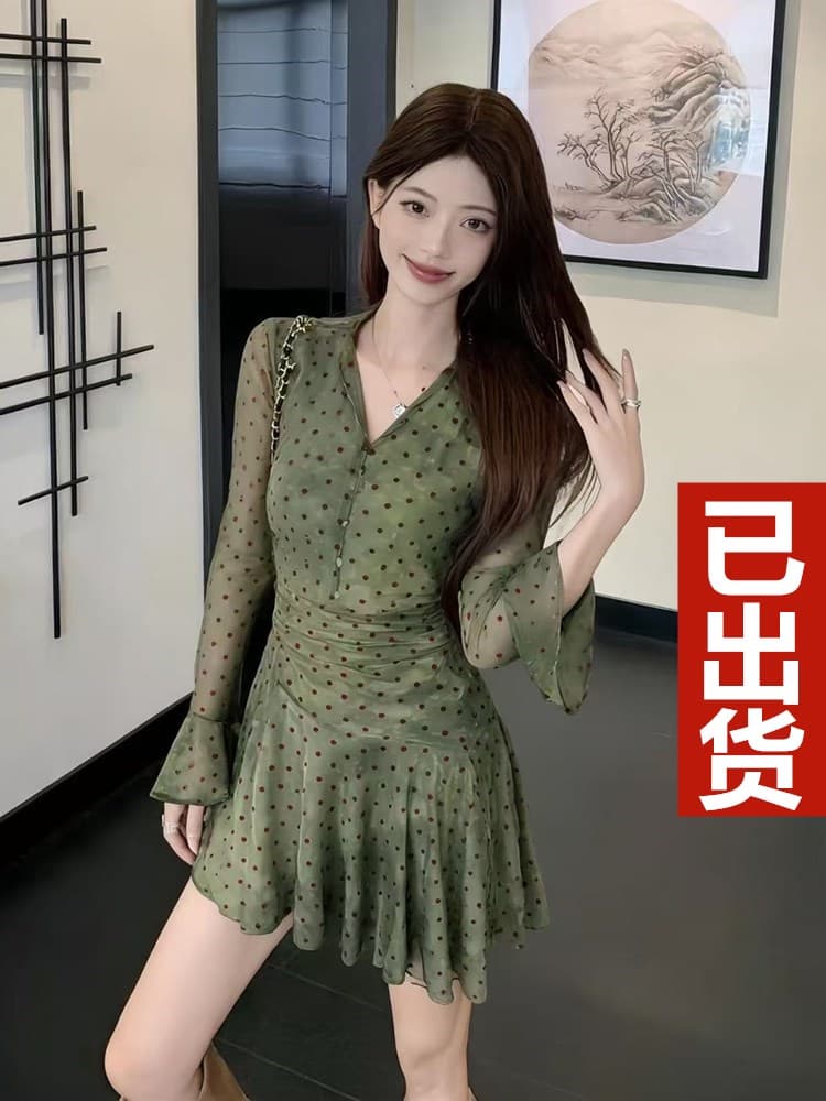 2026 가을 새로운 지방 mm 프랑스식 스타일 망사 신축성 도트 무늬 V넥 비스듬한 자르다 슬림해 보이는 품격 드레스 아이들