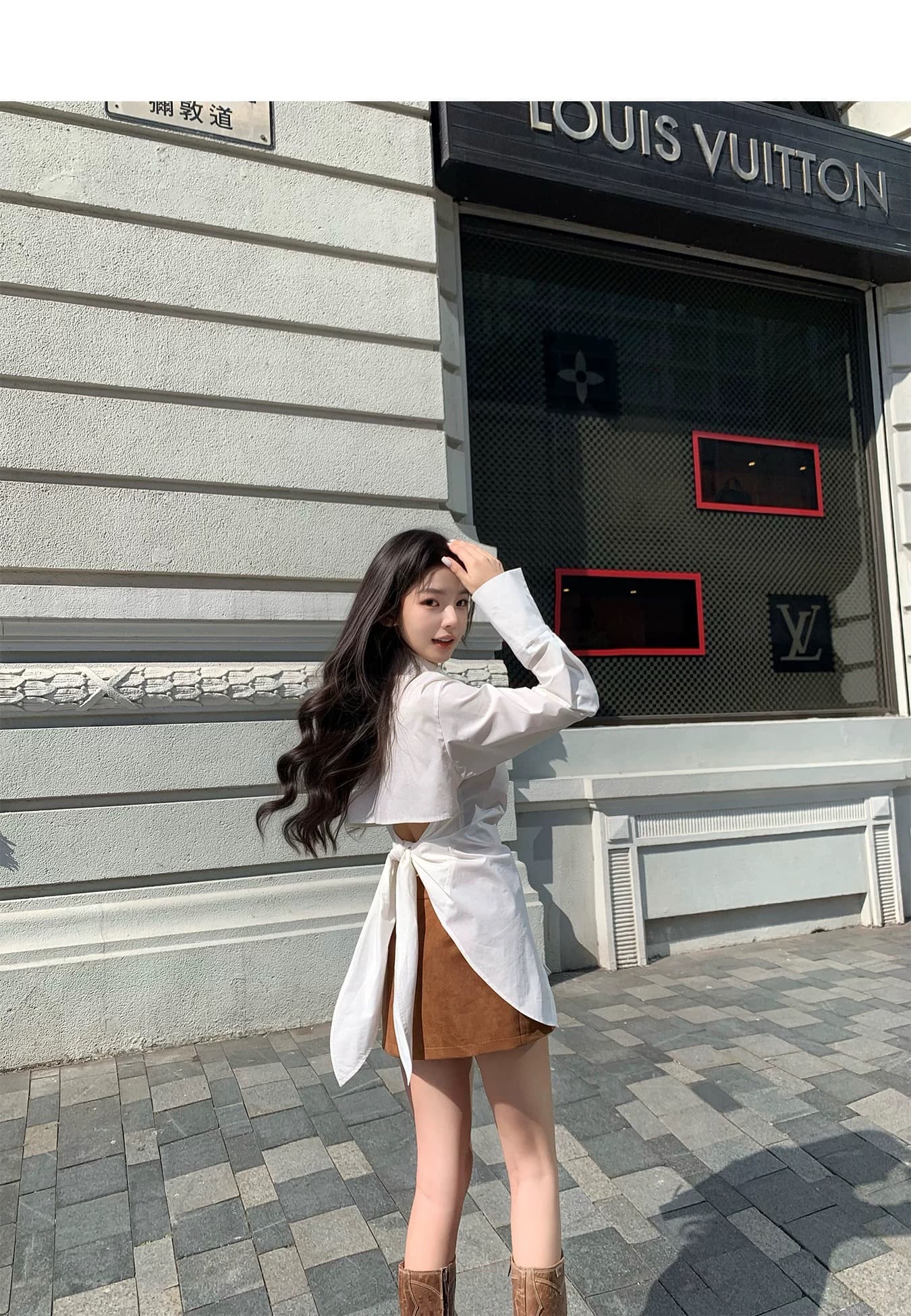 chicyou 꽃 Shan Shan 같은 단락 슈퍼 a 작은 섹시함 디자인 센스 화이트 뒤로 스트랩 허리 수축 흰 셔츠 상세 이미지 1