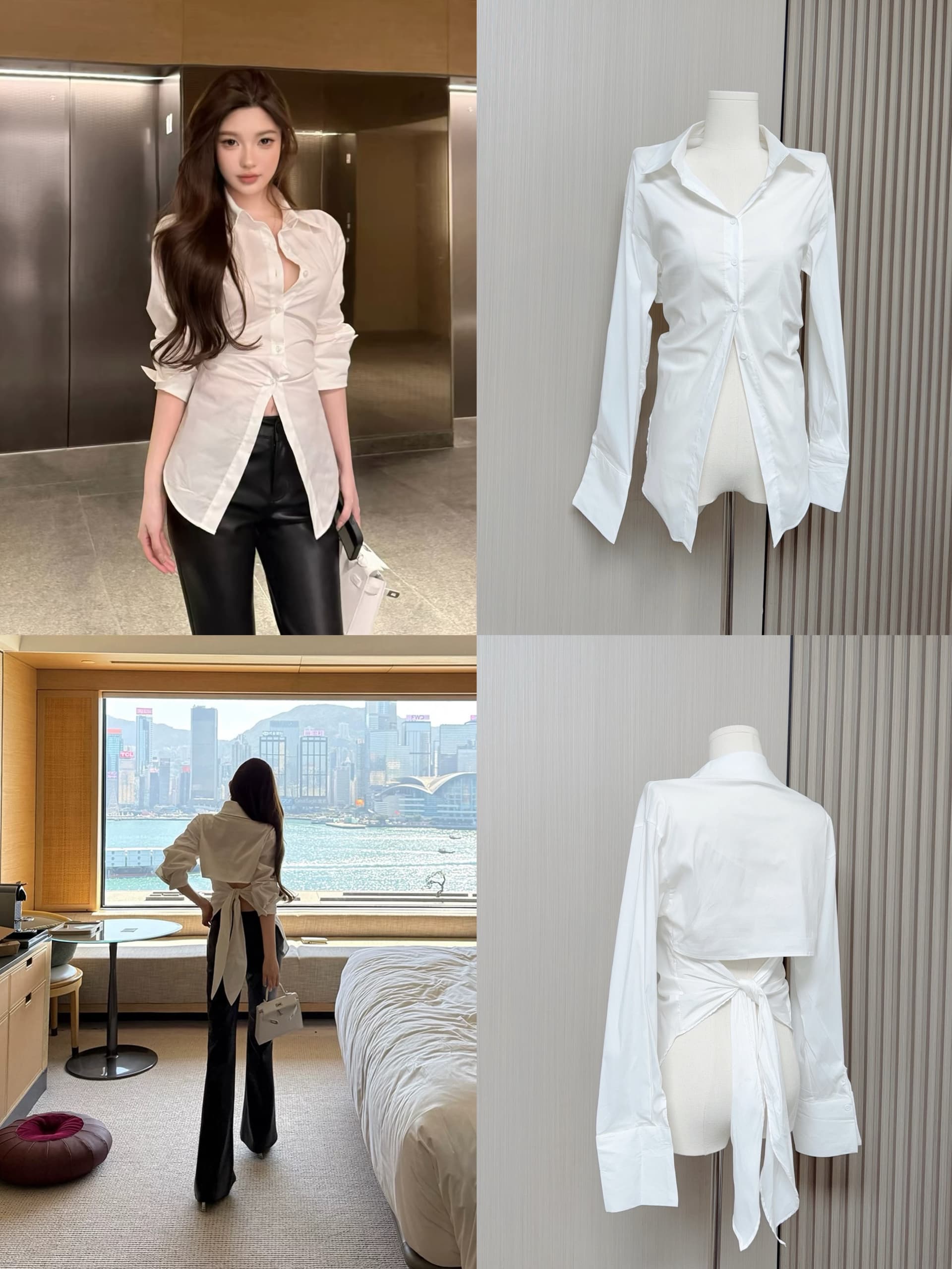 chicyou 꽃 Shan Shan 같은 단락 슈퍼 a 작은 섹시함 디자인 센스 화이트 뒤로 스트랩 허리 수축 흰 셔츠