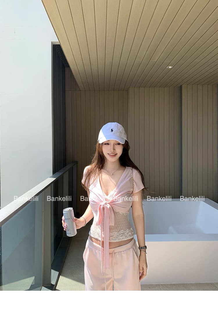 밤나무 코코아 bankelili 프라임 프라임 아름다움 세트 그룹 V넥 레이스업 블라우스 상세 이미지 1