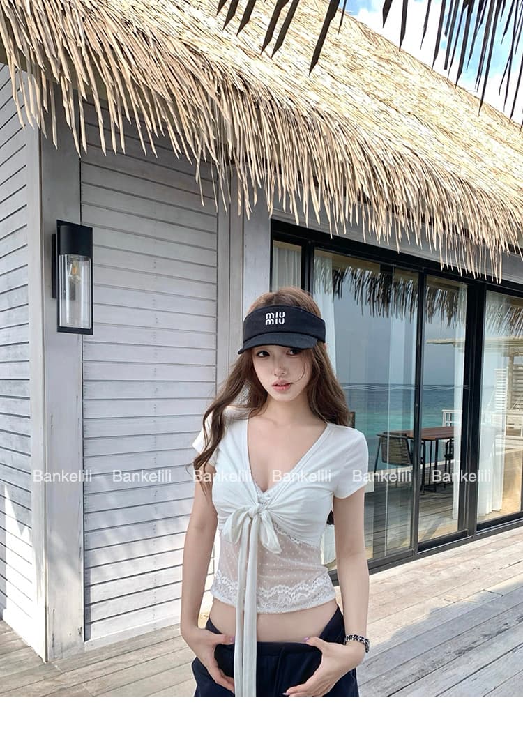 밤나무 코코아 bankelili 프라임 프라임 아름다움 세트 그룹 V넥 레이스업 블라우스 상세 이미지 6