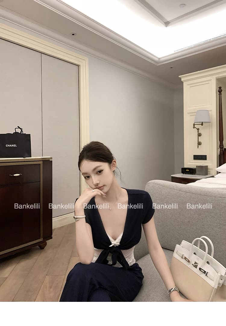 밤나무 코코아 bankelili 프라임 프라임 아름다움 세트 그룹 V넥 레이스업 블라우스 상세 이미지 10