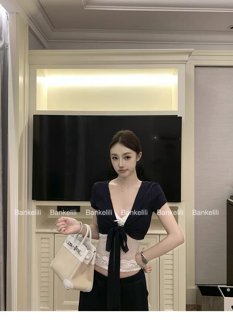 밤나무 코코아 bankelili 프라임 프라임 아름다움 세트 그룹 V넥 레이스업 블라우스 상세 이미지 11