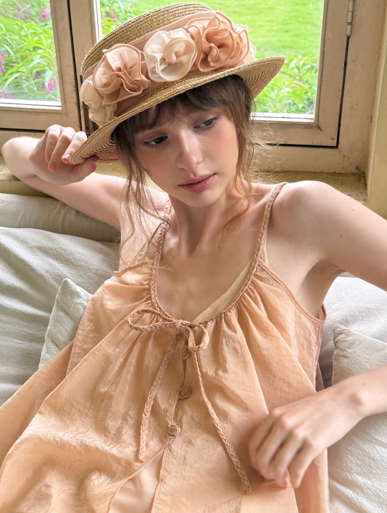 자오 이슬 생각하기 같은 단락 moonmoi 여름 와일드 공상 펌프 Pleat 짜임 레이스업 아세트산 캐미솔 상세 이미지 1