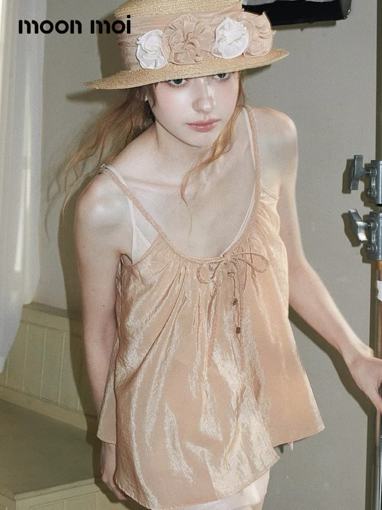 자오 이슬 생각하기 같은 단락 moonmoi 여름 와일드 공상 펌프 Pleat 짜임 레이스업 아세트산 캐미솔 상세 이미지 8