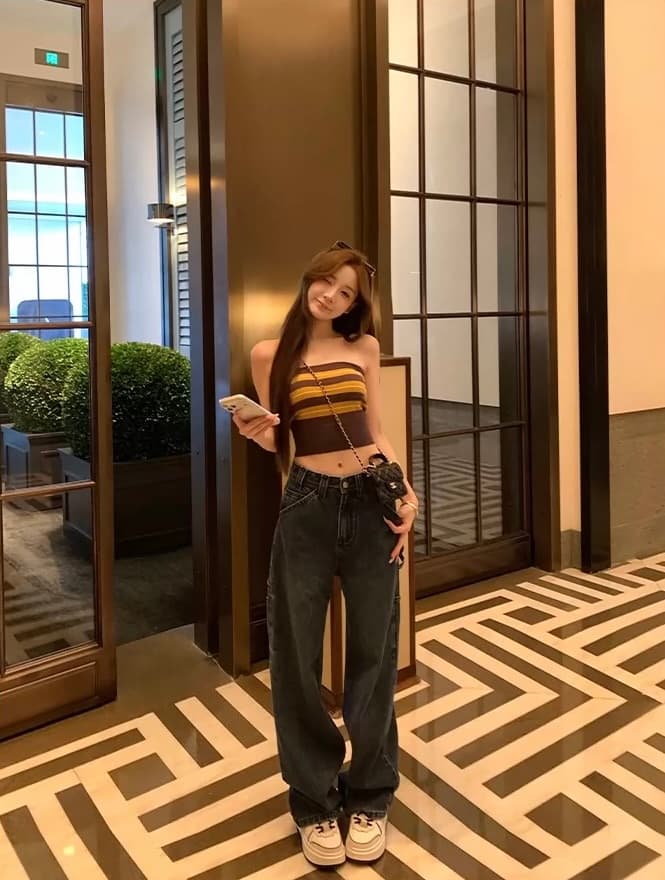 xuan 법사 법사 작은 벌 jennie 장 원 영어 같은 단락 패션 클래식 스트라이프 튜브탑 새로운 맨위 이미지 4
