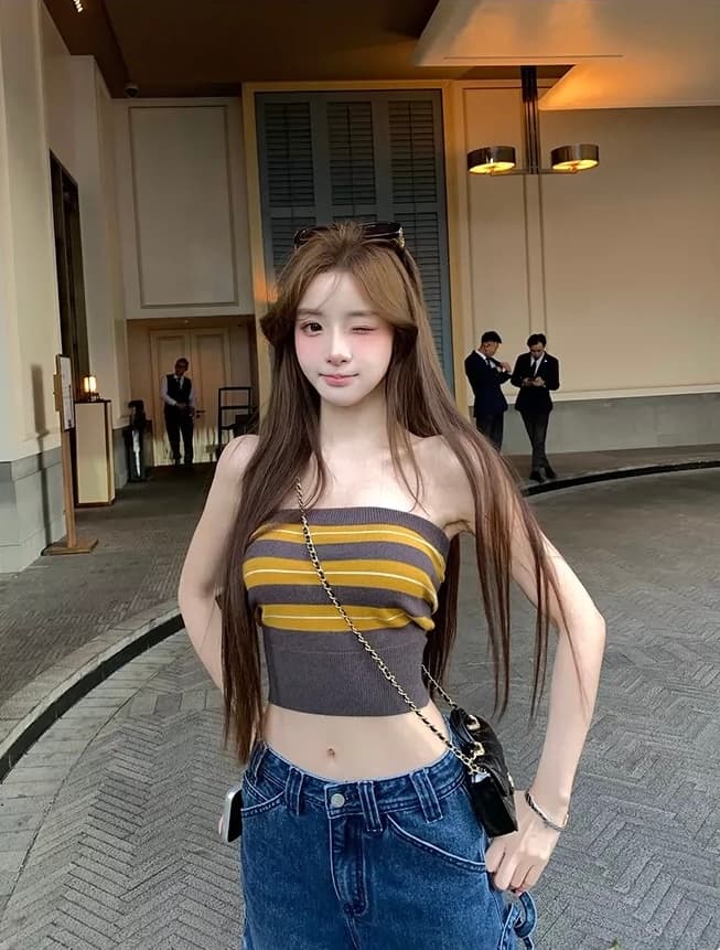 xuan 법사 법사 작은 벌 jennie 장 원 영어 같은 단락 패션 클래식 스트라이프 튜브탑 새로운 맨위 상세 이미지 2