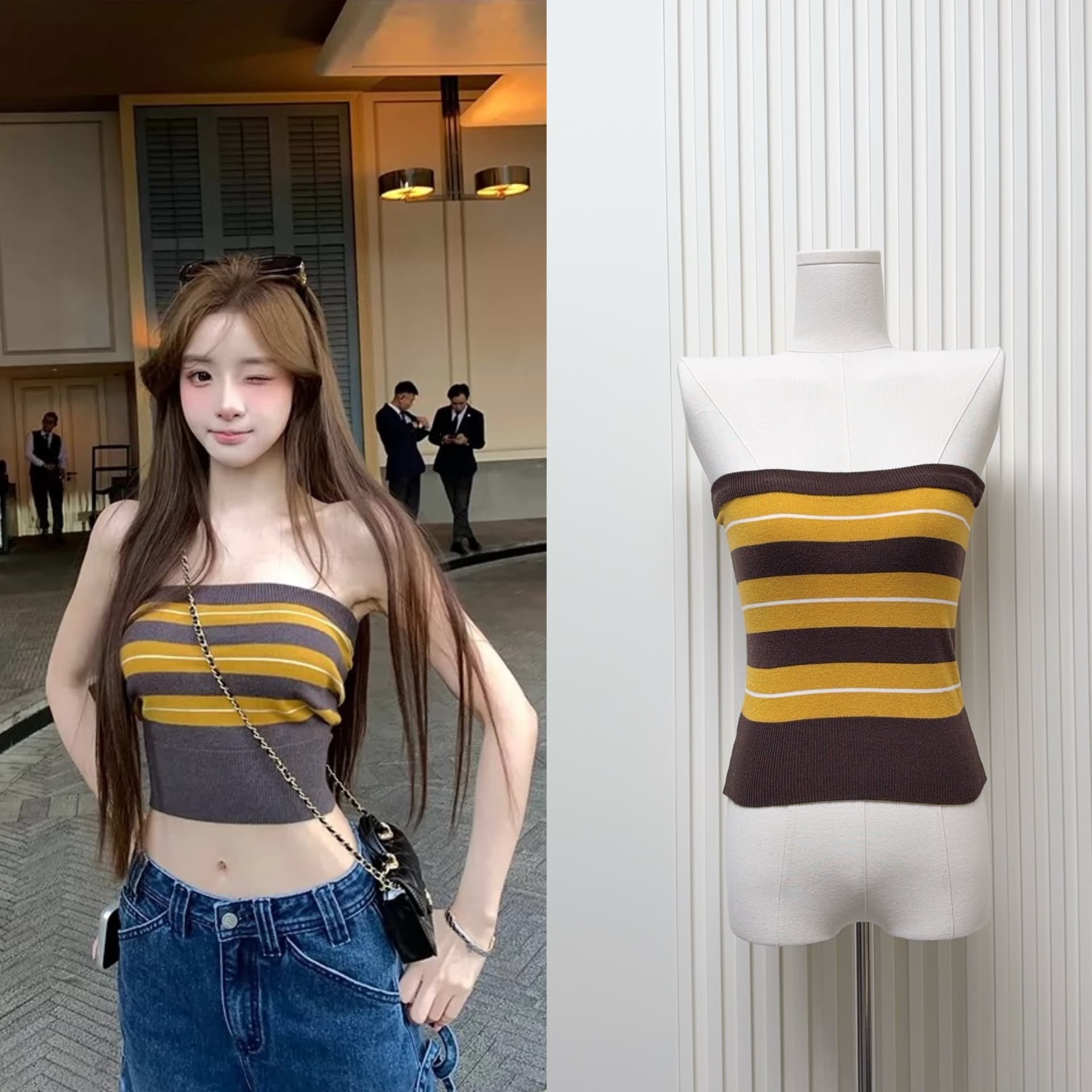 xuan 법사 법사 작은 벌 jennie 장 원 영어 같은 단락 패션 클래식 스트라이프 튜브탑 새로운 맨위