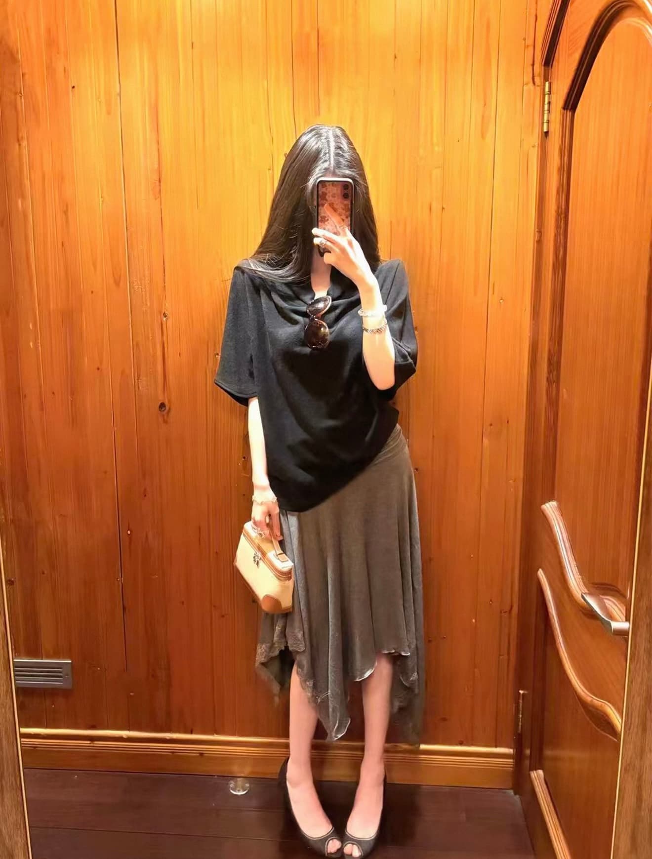 느긋한 다용도 회색 레이스 측면 불규칙 반신 스커트 여성 느긋한 바람 한 마디 롱 스커트 상세 이미지 2