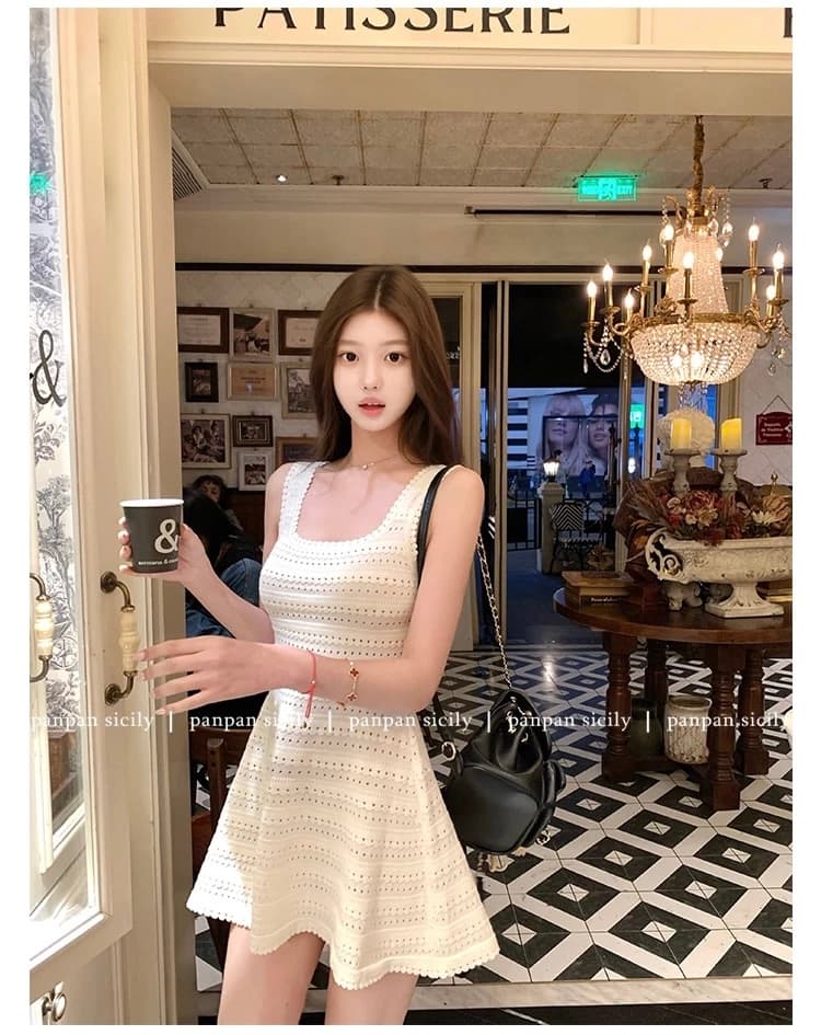 디스크 디스크 사랑 라일락 민소매 허리 수축 조끼 스커트 여성 여름 몸매 가꾸기 슬림해 보이는 품격 니트 점프 슈트 치마 이미지 4