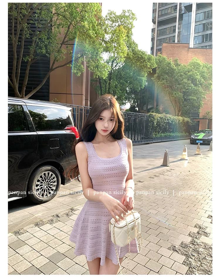 디스크 디스크 사랑 라일락 민소매 허리 수축 조끼 스커트 여성 여름 몸매 가꾸기 슬림해 보이는 품격 니트 점프 슈트 치마 상세 이미지 1