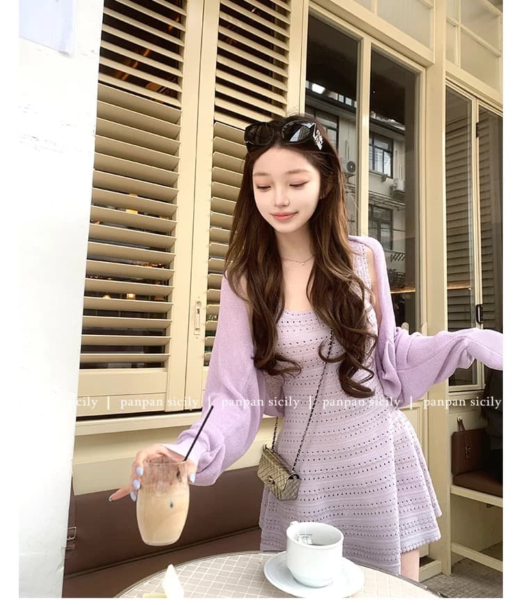 디스크 디스크 사랑 라일락 민소매 허리 수축 조끼 스커트 여성 여름 몸매 가꾸기 슬림해 보이는 품격 니트 점프 슈트 치마 상세 이미지 2