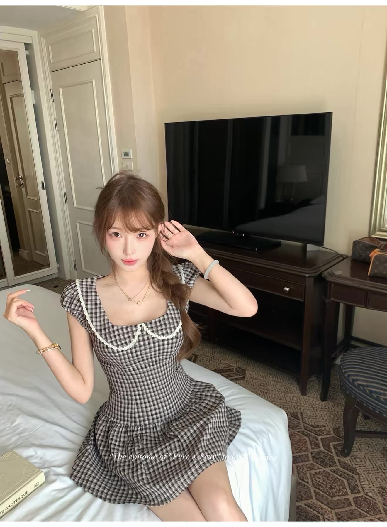 lukira 체크무늬 학원 프랑스식 레트로 버블 반팔 체크무늬 여성 드레스 여름 허리 수축 미니 스커트 이미지 4