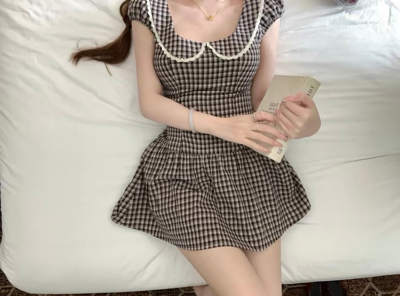 lukira 체크무늬 학원 프랑스식 레트로 버블 반팔 체크무늬 여성 드레스 여름 허리 수축 미니 스커트 상세 이미지 2