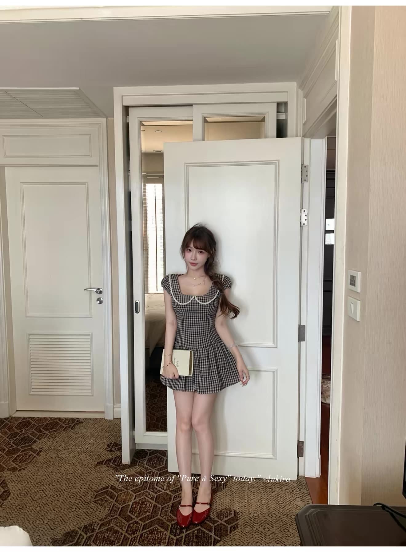 lukira 체크무늬 학원 프랑스식 레트로 버블 반팔 체크무늬 여성 드레스 여름 허리 수축 미니 스커트 상세 이미지 3