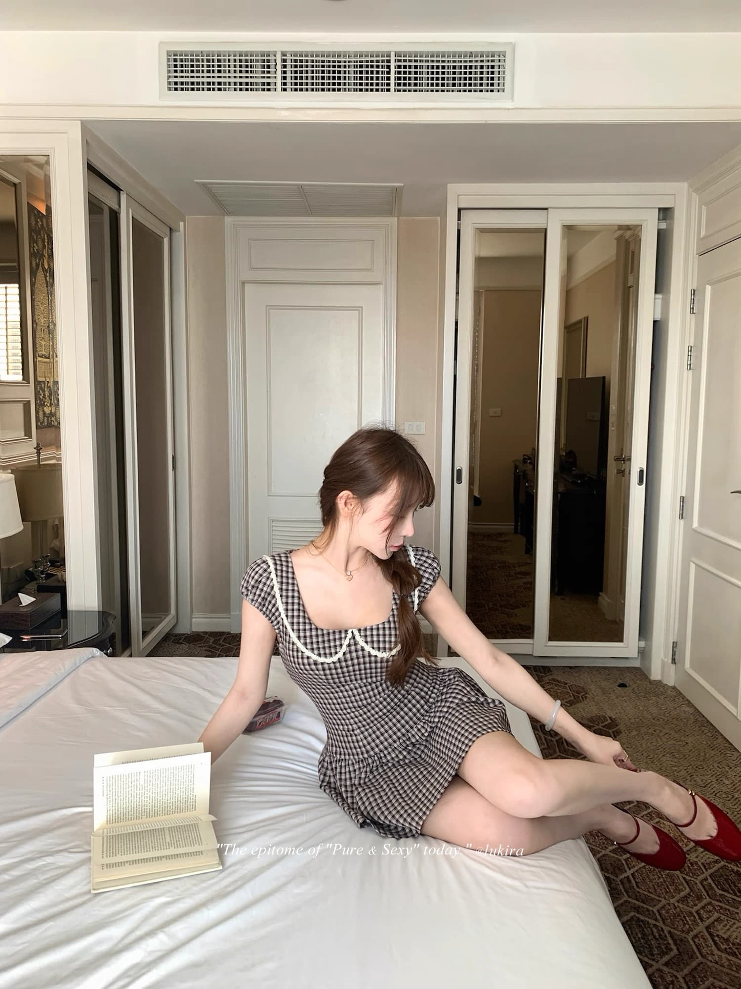 lukira 체크무늬 학원 프랑스식 레트로 버블 반팔 체크무늬 여성 드레스 여름 허리 수축 미니 스커트 상세 이미지 6