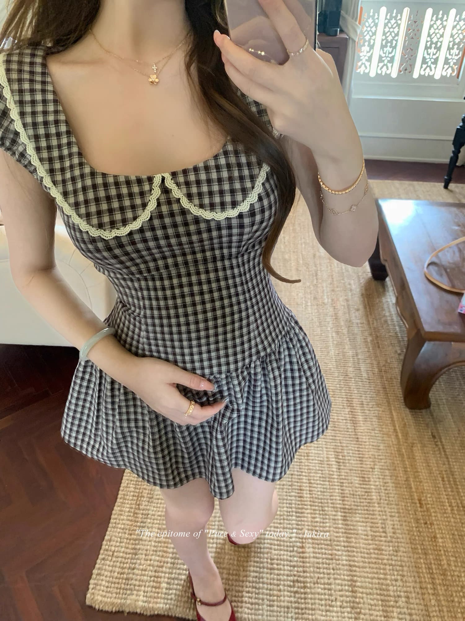 lukira 체크무늬 학원 프랑스식 레트로 버블 반팔 체크무늬 여성 드레스 여름 허리 수축 미니 스커트 상세 이미지 7