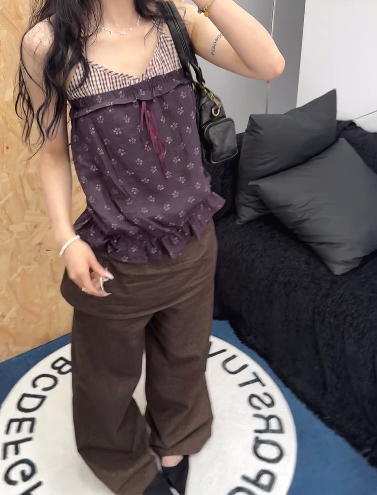 chaoschaos 80 주간 실크 여름 휴가 센스 레트로 작은 꽃무늬 레이스업 행침 목 튜브탑 민소매 작은 슬링 상세 이미지 2