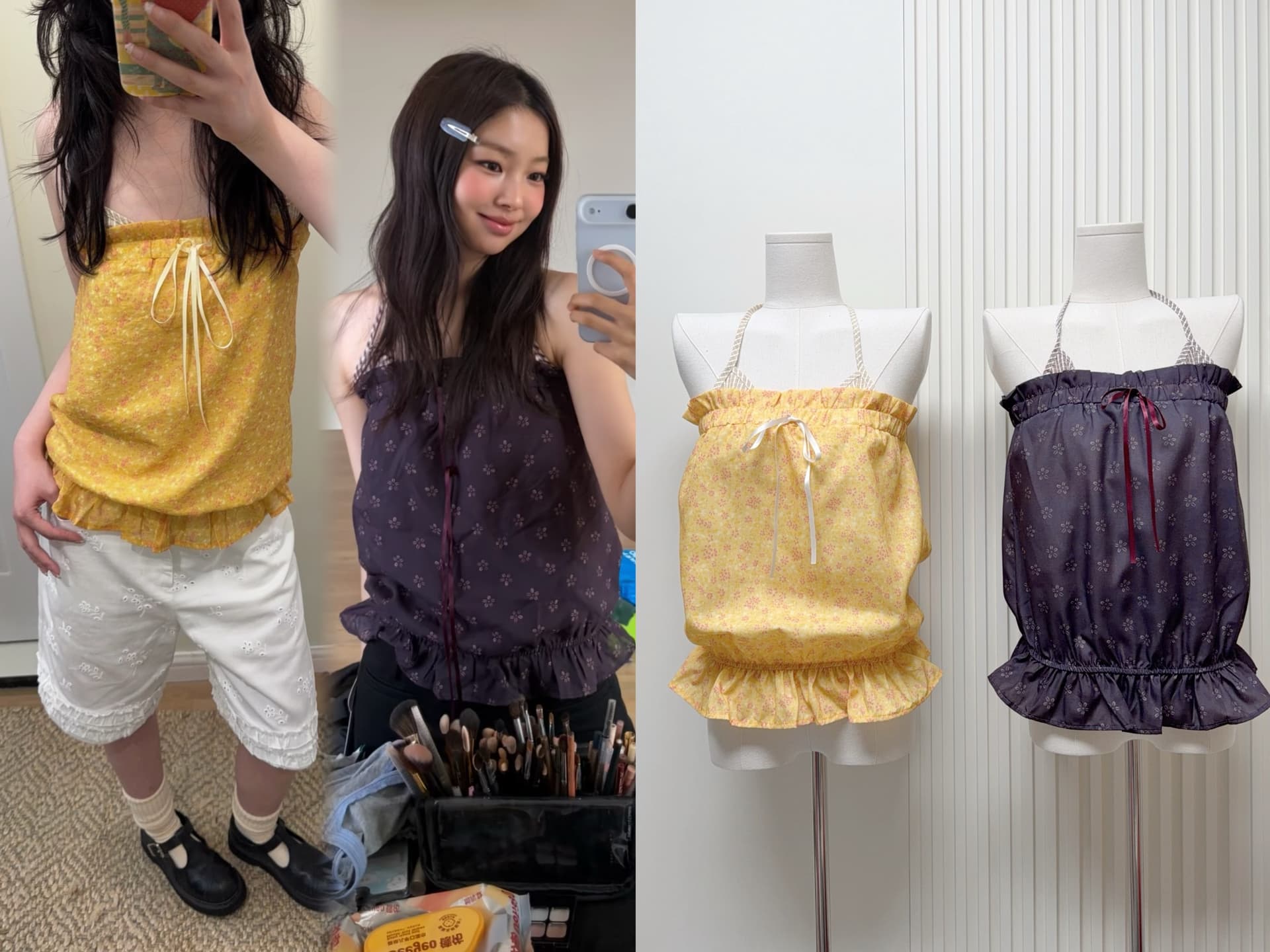 chaoschaos 80 주간 실크 여름 휴가 센스 레트로 작은 꽃무늬 레이스업 행침 목 튜브탑 민소매 작은 슬링