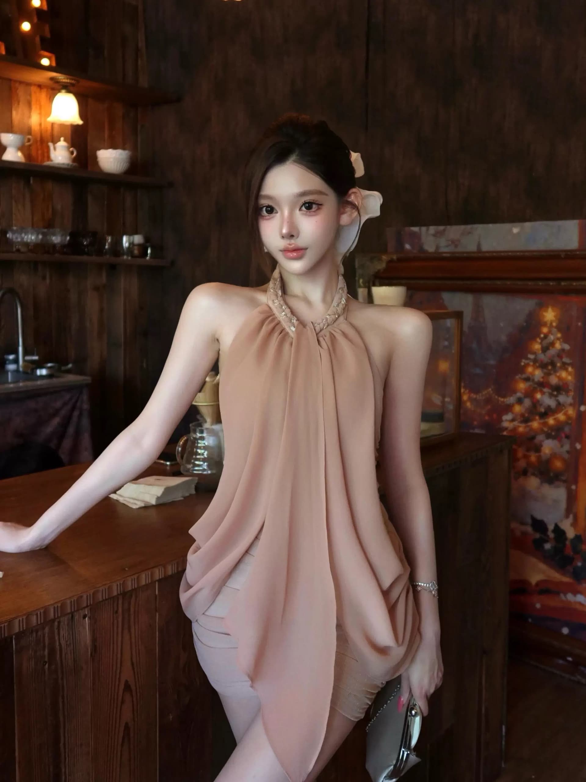 고대 조기 천 골드 명문 여성 망사 쉬폰 짜임 행침 목 드레스 주름 타이트 스커트 미니 스커트 상세 이미지 3