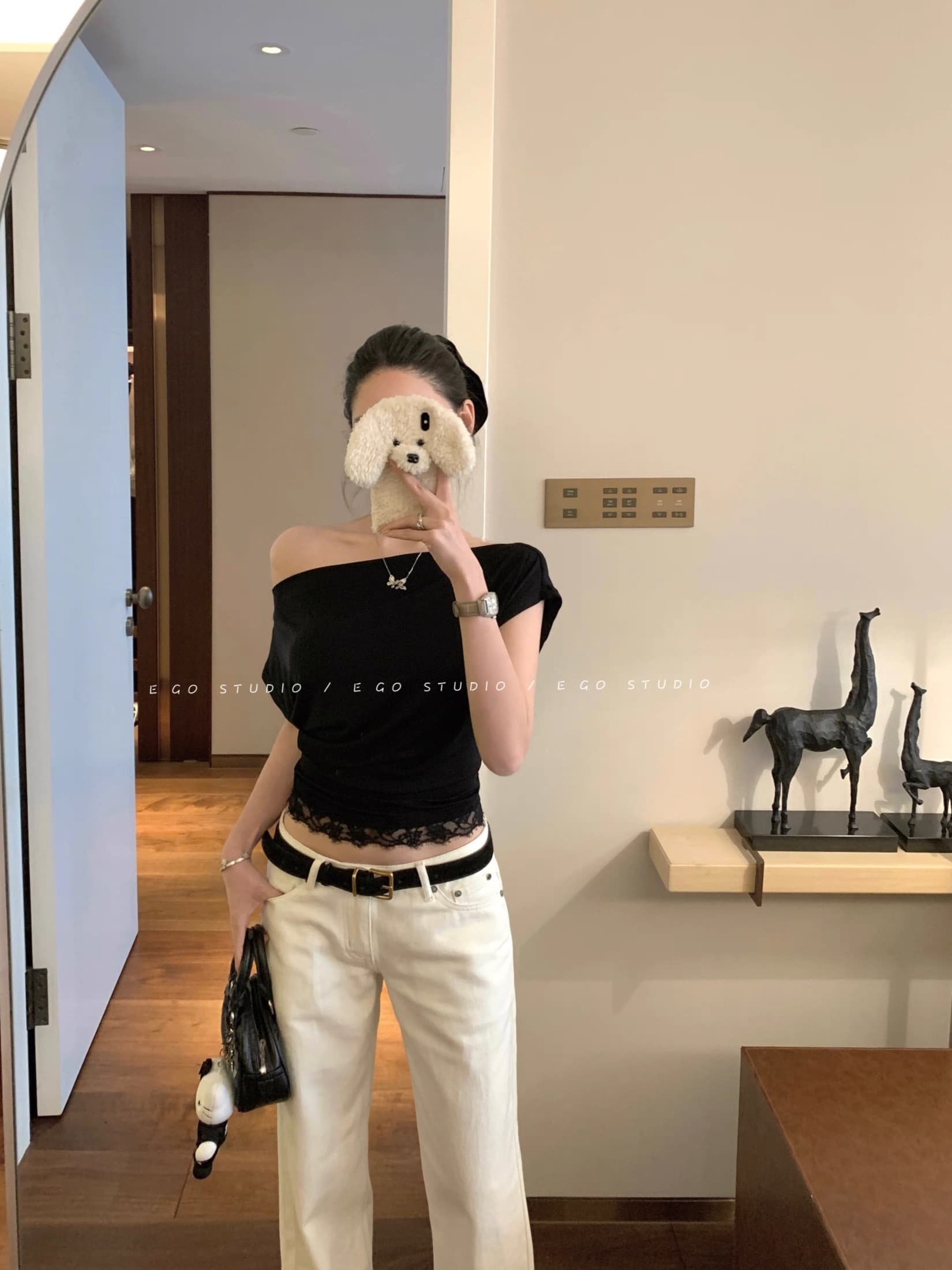 e go studio 블루 좋은 주간 실크 양모 주름 레이스 짧은 티셔츠 여성 디자인 센스 작은 대중 여성 맨위 상세 이미지 6