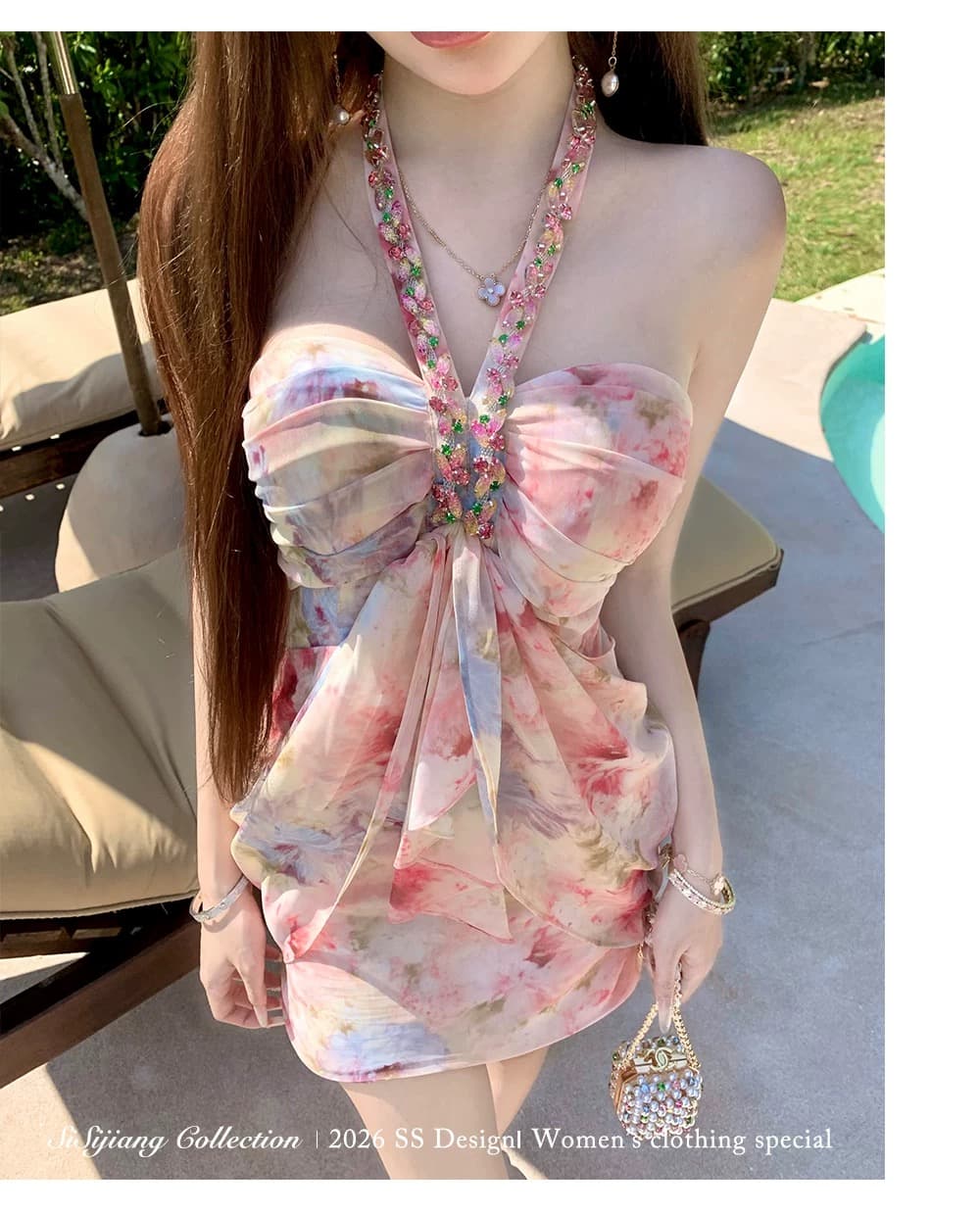 sisi jiang 분말 염색 꽃 리플 휴가 바람 행침 목 튜브탑 스와로브스키 프린트 허리 수축 슬림해 보이는 타이트 스커트 이미지 2