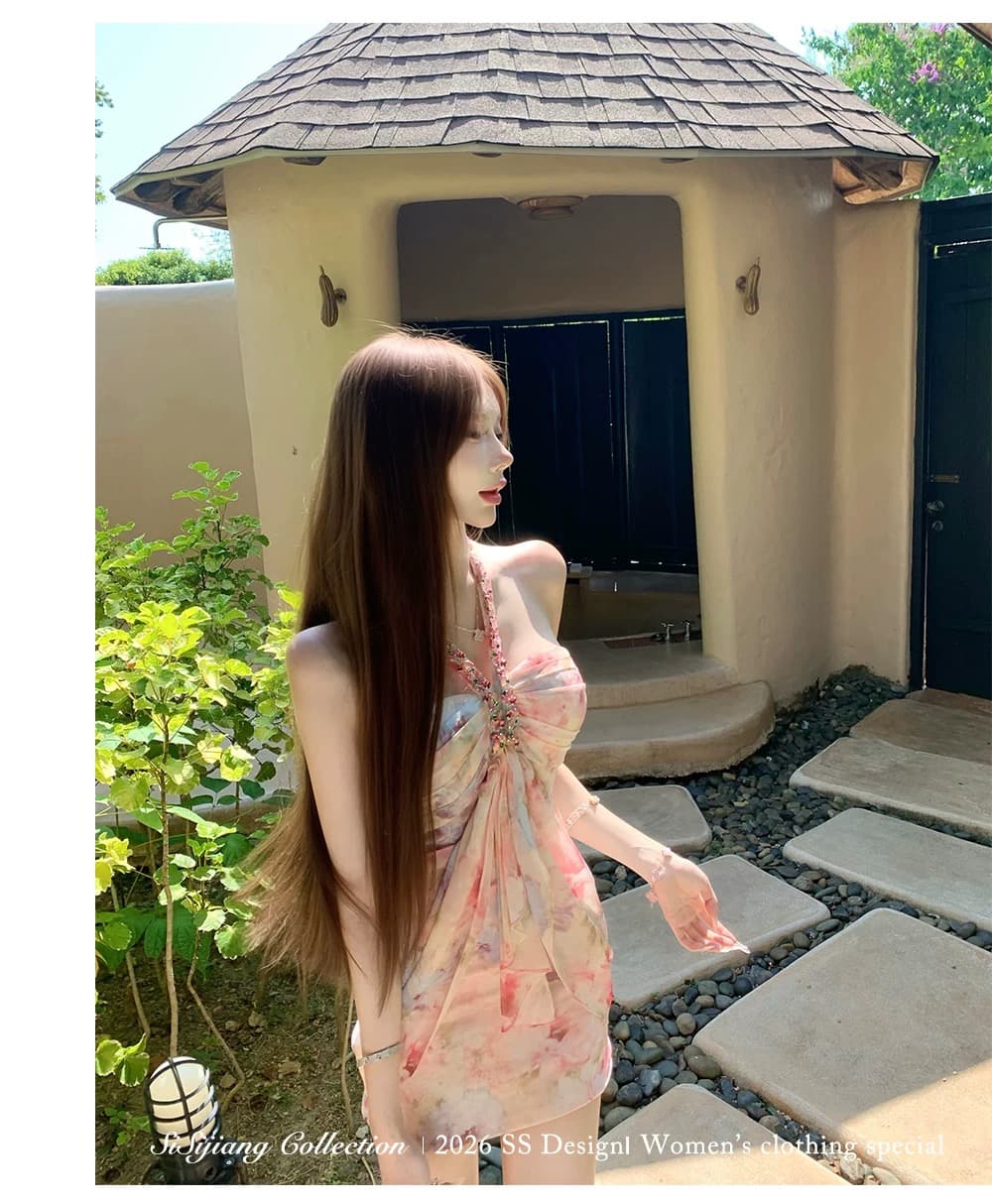 sisi jiang 분말 염색 꽃 리플 휴가 바람 행침 목 튜브탑 스와로브스키 프린트 허리 수축 슬림해 보이는 타이트 스커트 이미지 4