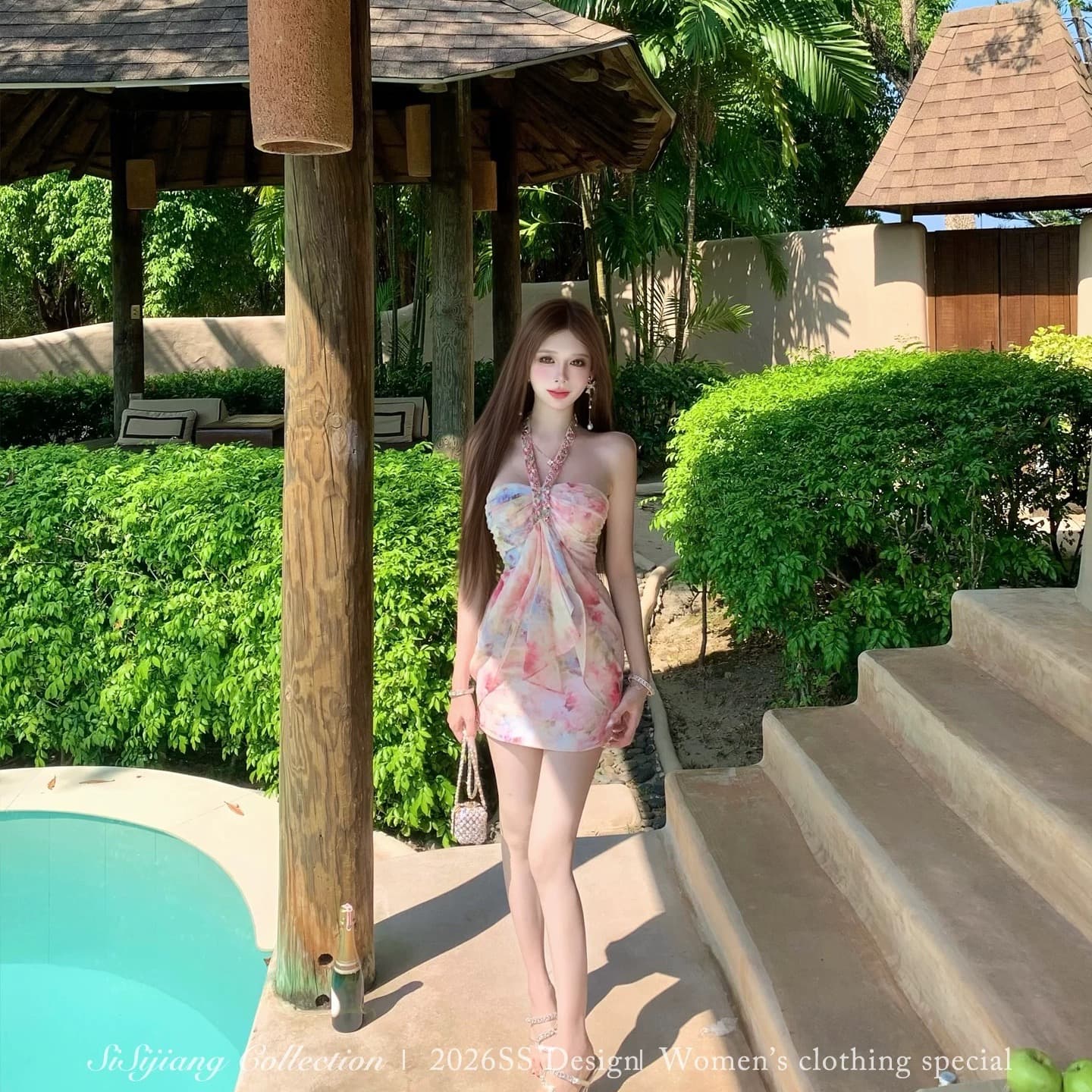 sisi jiang 분말 염색 꽃 리플 휴가 바람 행침 목 튜브탑 스와로브스키 프린트 허리 수축 슬림해 보이는 타이트 스커트 이미지 5
