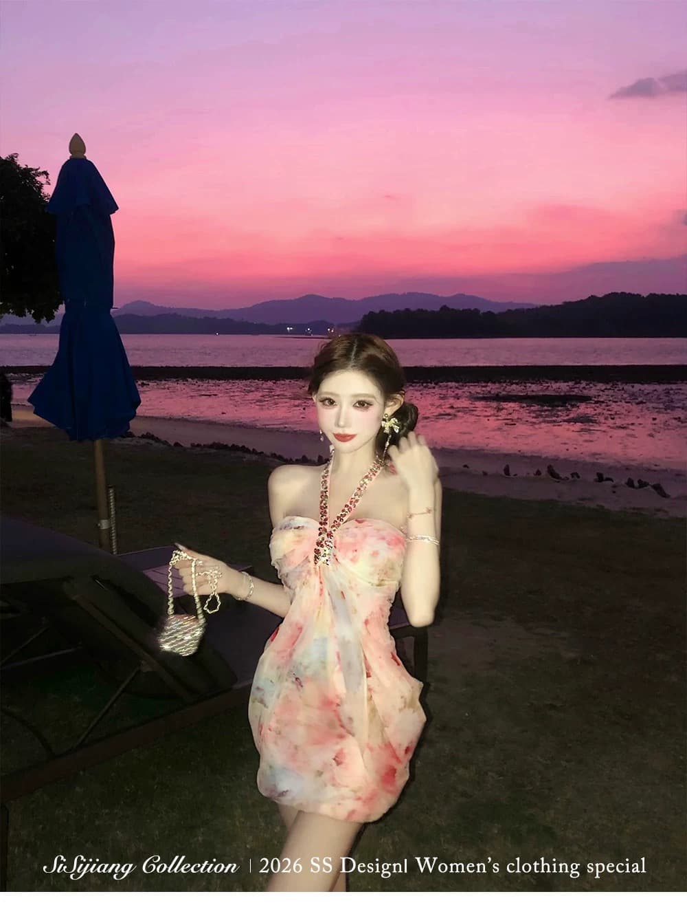 sisi jiang 분말 염색 꽃 리플 휴가 바람 행침 목 튜브탑 스와로브스키 프린트 허리 수축 슬림해 보이는 타이트 스커트 상세 이미지 4
