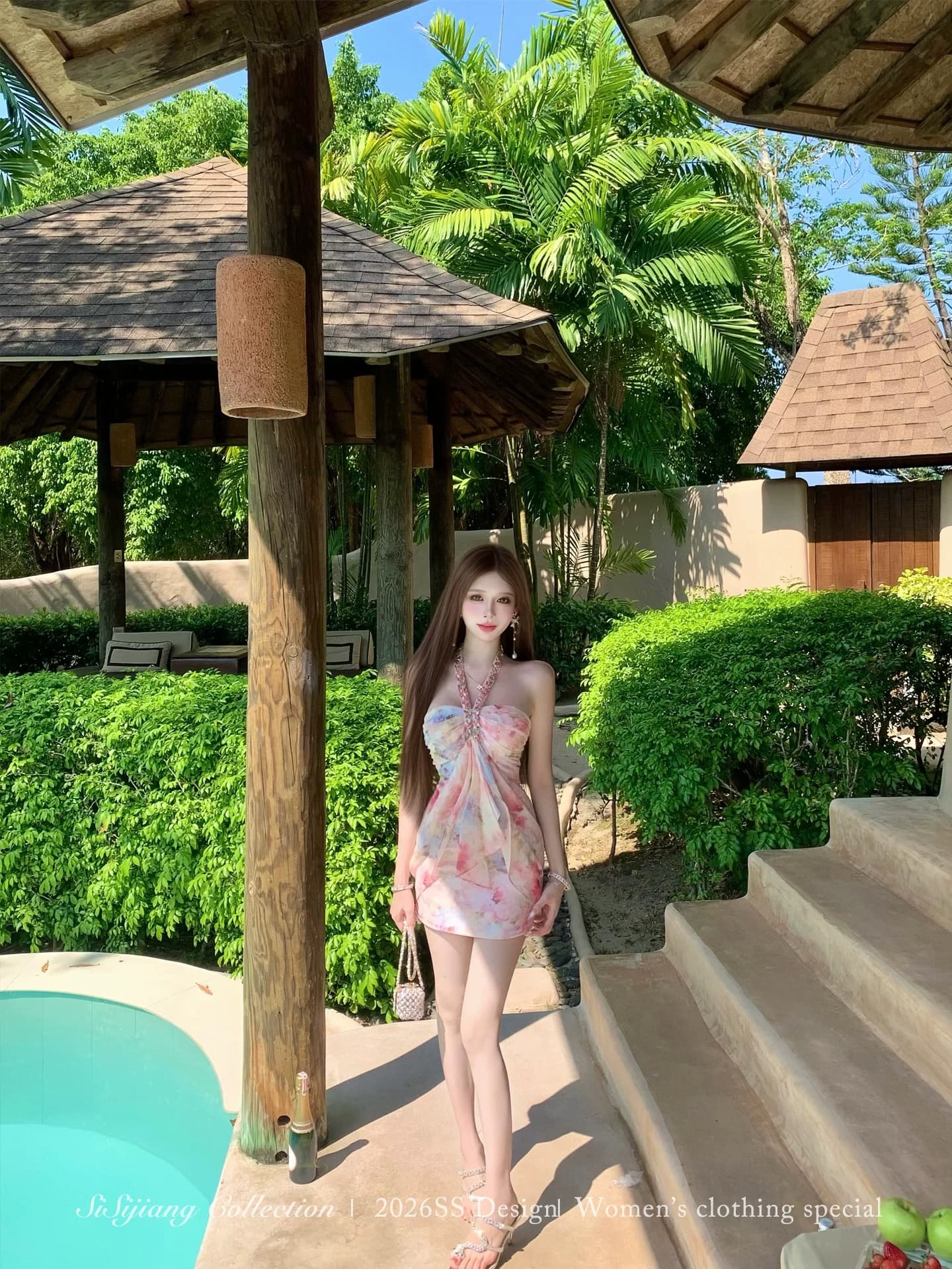 sisi jiang 분말 염색 꽃 리플 휴가 바람 행침 목 튜브탑 스와로브스키 프린트 허리 수축 슬림해 보이는 타이트 스커트 상세 이미지 5